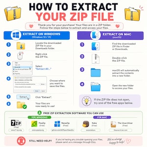 May include: An instructional infographic titled HOW TO EXTRACT YOUR ZIP FILE, featuring step-by-step guides for Windows and macOS. It includes icons for folders, computer mice, and software logos like 7-Zip, PeaZip, NanaZip, Keka, and The Unarchiver.