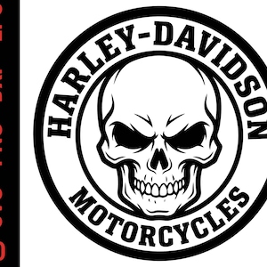 May include: A circular black and white graphic design featuring a central human skull illustration enclosed within a thick border. The text HARLEY-DAVIDSON MOTORCYCLES is printed in a bold, black, sans-serif font along the circular frame.