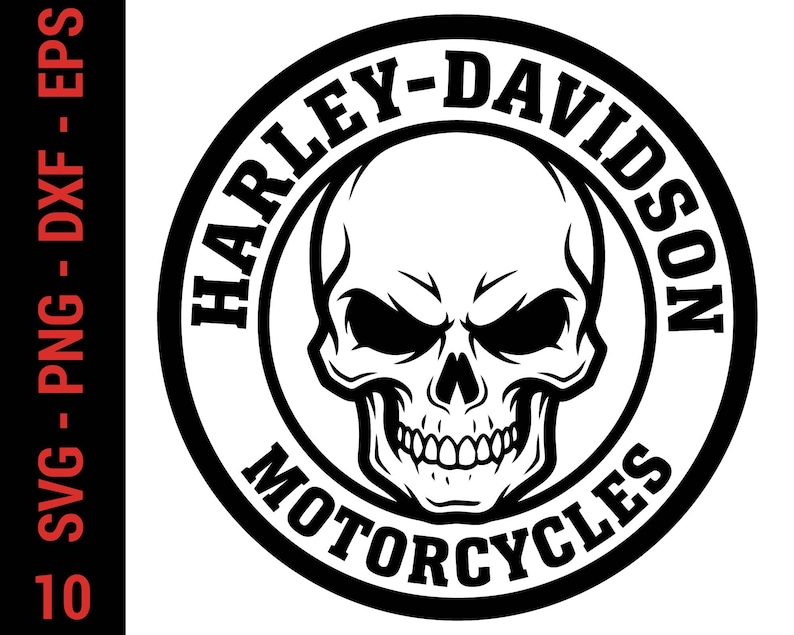 May include: A circular black and white graphic design featuring a central human skull illustration enclosed within a thick border. The text HARLEY-DAVIDSON MOTORCYCLES is printed in a bold, black, sans-serif font along the circular frame.
