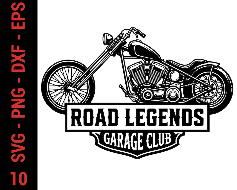 May include: A black and white graphic illustration of a chopper motorcycle positioned above a rectangular banner containing the text ROAD LEGENDS and a shield-shaped emblem below it with the text GARAGE CLUB in a bold, stylized font.