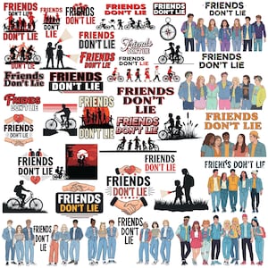 May include: A collection of graphic designs featuring the text "FRIENDS DON'T LIE" alongside illustrations of groups of people, silhouettes of children riding bicycles, compasses, and hands holding heart-shaped puzzle pieces in various colors.