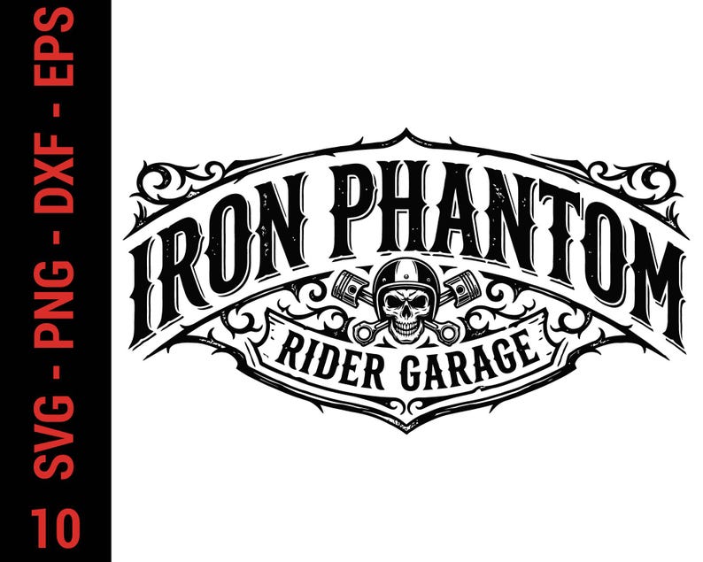May include: A black and white graphic design featuring the text IRON PHANTOM RIDER GARAGE. The design includes a central skull wearing a helmet, flanked by two crossed engine pistons, all enclosed within an ornate, decorative banner frame.