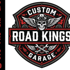 May include: A graphic emblem featuring a skull wearing a helmet with goggles and wings, positioned above the text ROAD KINGS and GARAGE. The design includes crossed wrenches, gears, and flame motifs in a black, red, and white color scheme.