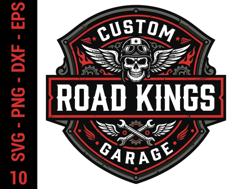May include: A graphic emblem featuring a skull wearing a helmet with goggles and wings, positioned above the text ROAD KINGS and GARAGE. The design includes crossed wrenches, gears, and flame motifs in a black, red, and white color scheme.