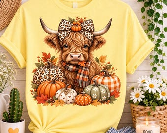 Fall Highland Cow PNG | Coquette Pumpkin Design, Halloween Cozy Season Autumn Clipart, Cute Thanksgiving Fall Digital Download