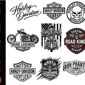 May include: A collection of black and white graphic designs featuring motorcycle themes, including Harley-Davidson logos, skull imagery, a rider on a motorcycle against an American flag, and text such as Road Legends, Road Kings, and Iron Phantom.
