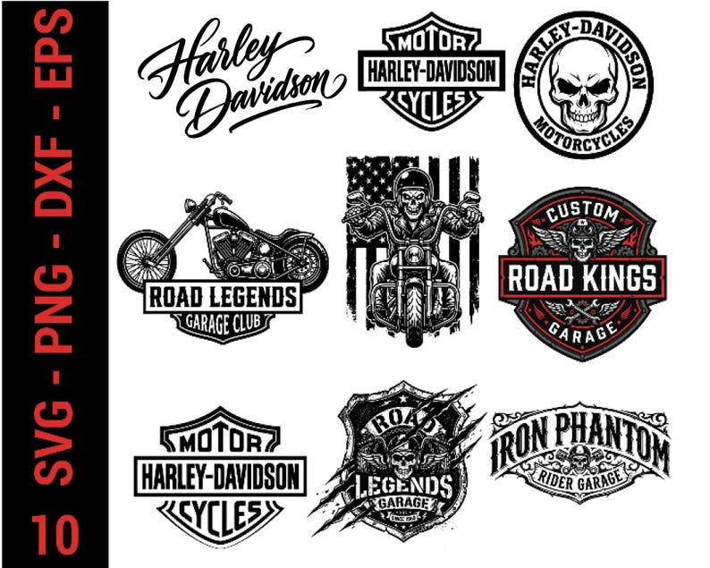 May include: A collection of black and white graphic designs featuring motorcycle themes, including Harley-Davidson logos, skull imagery, a rider on a motorcycle against an American flag, and text such as Road Legends, Road Kings, and Iron Phantom.