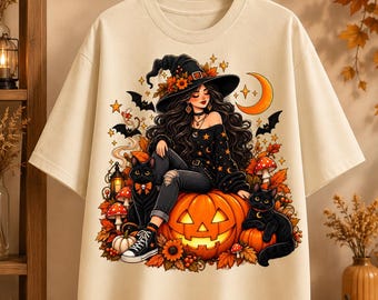 Halloween Witch PNG , Spooky Autumn Design, Black Cat Pumpkin (Digital Download)