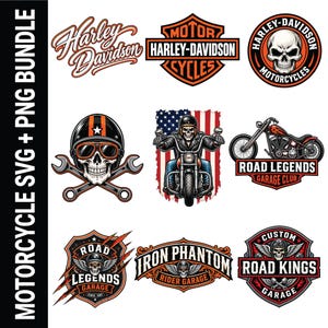 May include: A digital collection of motorcycle-themed graphic designs featuring Harley-Davidson logos, skulls wearing helmets, crossed wrenches, a skeleton riding a motorcycle against an American flag, and emblems labeled Road Legends and Road Kings.
