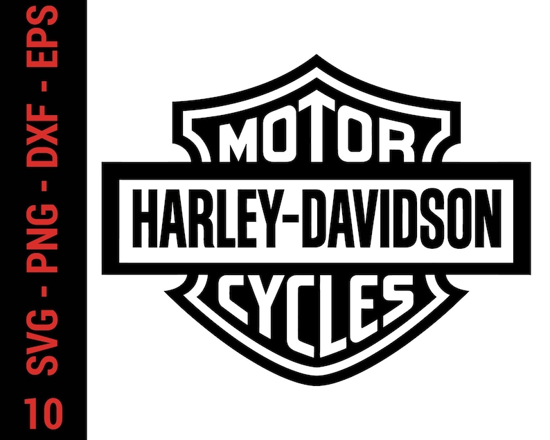 May include: A black and white graphic logo featuring the Harley-Davidson Motor Cycles shield emblem. The text reads MOTOR above the central bar and CYCLES below it. A vertical black bar on the left contains the text SVG - PNG - DXF - EPS 10.