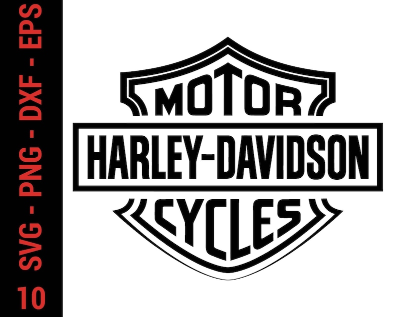 May include: A black and white graphic logo featuring the text MOTOR HARLEY-DAVIDSON CYCLES inside a shield-shaped emblem. The vertical black sidebar on the left contains the white text SVG - PNG - DXF - EPS 10, indicating file formats.