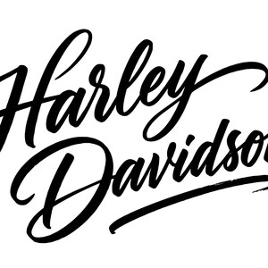 May include: A black graphic design featuring the text Harley Davidson written in a stylized, flowing cursive script. The lettering is bold and dark, set against a plain white background, showcasing the iconic brand name in a calligraphic font style.
