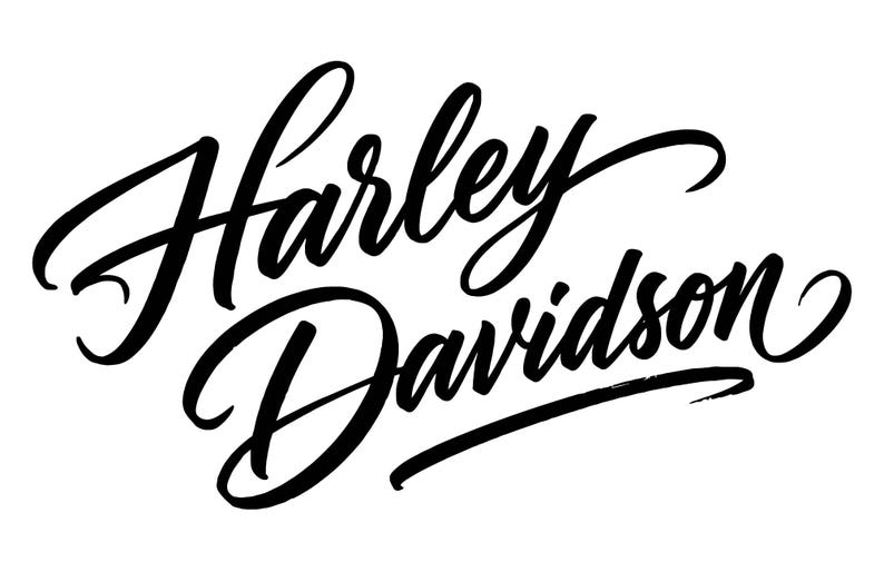 May include: A black graphic design featuring the text Harley Davidson written in a stylized, flowing cursive script. The lettering is bold and dark, set against a plain white background, showcasing the iconic brand name in a calligraphic font style.