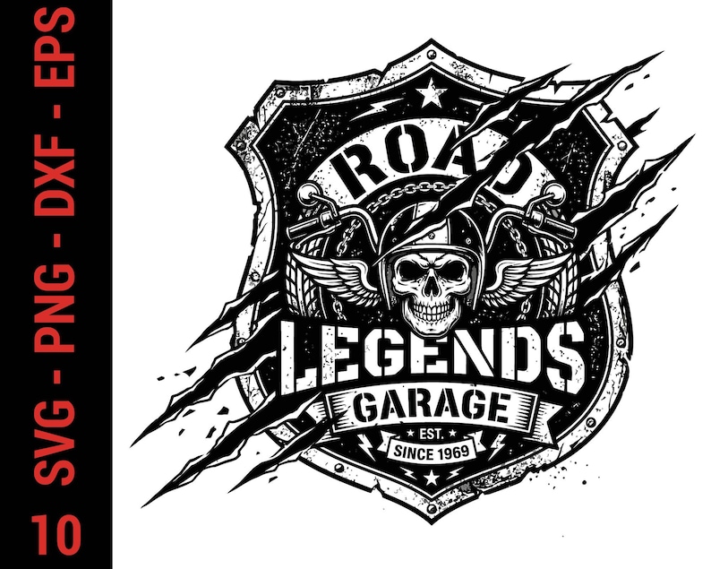 May include: A black and white graphic design featuring a shield emblem with a skull wearing a helmet and wings. The text reads ROAD LEGENDS GARAGE EST. SINCE 1969. The design includes claw marks across the shield and motorcycle tire elements.