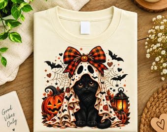 Black Cat Ghost Halloween PNG | Spooky Kitty Leopard Print Coquette Bow, Cute Halloween Shirt Design (Digital Download)