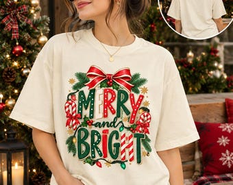 Merry And Bright Christmas Tree PNG, Trendy Striped Holiday Design, Festive Christmas Shirt Print (Digital Download)