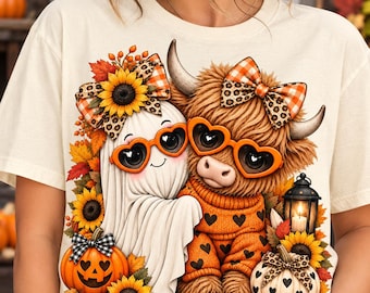 Cute Fall Highland Cow Ghost PNG | Adorable Autumn Cow Halloween Design, Cozy Fall Shirt Print, Digital Download