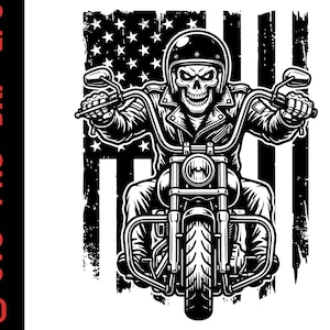 May include: A black and white graphic illustration of a skeleton wearing a motorcycle helmet and leather jacket, riding a motorcycle in front of a distressed American flag. The text SVG - PNG - DXF - EPS is visible on the left side.