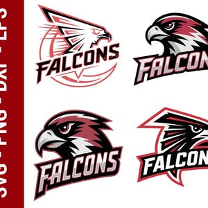 Può includere: Quattro loghi grafici distinti che presentano teste di falco stilizzate nei toni del rosso, bianco, nero e grigio. Ogni design include la parola FALCONS in lettere maiuscole in grassetto. Il testo SVG - PNG - DXF - EPS appare verticalmente a sinistra.