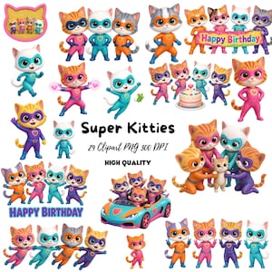 Puede incluir: Una colección de ilustraciones digitales de gatos de dibujos animados como superhéroes en varias poses, incluyendo grupos, un coche y temas de cumpleaños. El texto dice Super Kitties, 29 Clipart PNG 300 DPI, HIGH QUALITY y HAPPY BIRTHDAY.