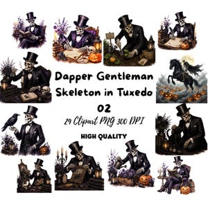 Puede incluir: Una colección de ilustraciones digitales de un esqueleto con esmoquin negro y sombrero de copa en varias escenas, incluyendo leer, jardinería, pintar y montar a caballo. El texto dice: Dapper Gentleman Skeleton in Tuxedo 02 29 Clipart PNG 300 DPI HIGH QUALITY.