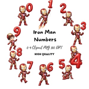 May include: A collection of Iron Man character illustrations paired with red balloon numbers from zero to nine. The text reads Iron Man Numbers, 0-9 Clipart PNG 300 DPI, and HIGH QUALITY. Each character wears a red and gold suit of armor.
