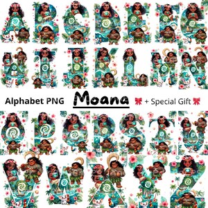 May include: A vibrant digital alphabet featuring characters from the animated film Moana. Each letter is adorned with tropical flowers, ocean elements, and characters like Moana and Maui. The words "Alphabet PNG" and "Moana" are also displayed.
