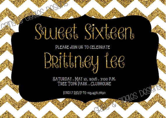 Sweet Sixteen Invite Sweet 16 Invite Gold And Black Mint Etsy