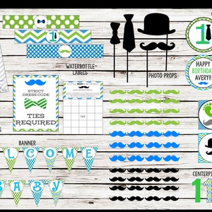 May include: Printable party decorations for a first birthday party with a green, blue and black colour scheme. The decorations include a banner, cupcake toppers, centrepiece circles, water bottle labels and photo props. The theme is "Little Man" and features moustaches, bow ties and hats.