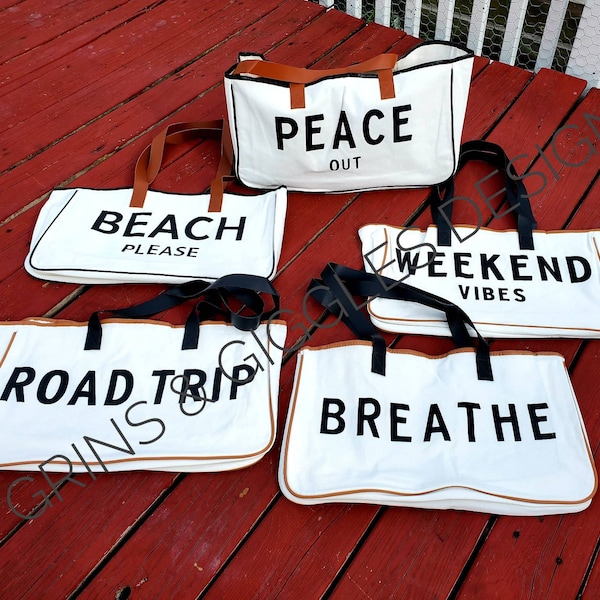 Canvas Tote. Weekend Bag. Tote Bag. Road Trip. Breathe. Beach Please. Weekend Vibes. Peace Out.