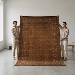 8x10 Hand Knotted Gabbeh Rug, Brown Wool Area Rug, Minimalist Border Carpet,Custom Size