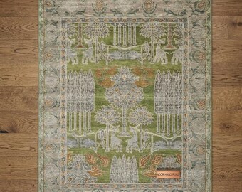 Handmade Turkish Oushak Wool Rug 7x10 feet, Vintage Floral Pattern, Beige Sage Green