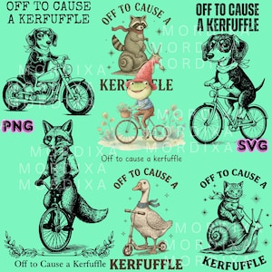 Puede incluir: Una colección de ilustraciones caprichosas con animales en varios medios de transporte, como un perro en una motocicleta y un gato en un patinete. La frase "Off to Cause a Kerfuffle" está incluida.