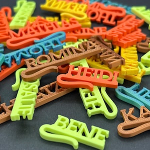 Könnte beinhalten: Eine Sammlung von 3D-gedruckten Namensschildern aus Kunststoff in verschiedenen Farben wie Neongrün, Orange, Braun und Blau. Jedes Schild zeigt einen individuellen Namen wie Romina, Heidi, Mathias oder Bene in einer fetten, erhabenen Schrift.