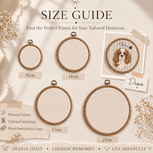 May include: A size guide for circular embroidery hoops featuring four empty wood-look plastic frames in 10cm, 14cm, 17cm, and 21cm sizes. Includes a demo hoop with a Cavalier King Charles Spaniel portrait and the name Rosie. Text includes SIZE GUIDE, Natural Linen, Tailored stitching, and DESIGN DAILY.