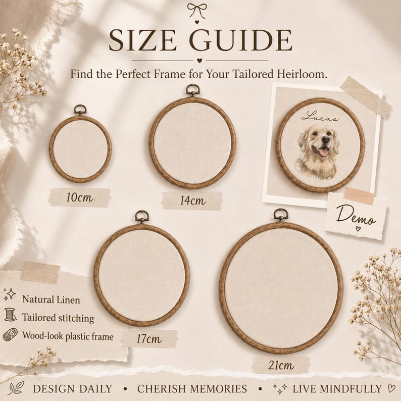 May include: A size guide for circular embroidery hoops featuring four wood-look plastic frames in 10cm, 14cm, 17cm, and 21cm diameters. The display includes a sample hoop with a dog illustration labeled Lucas, natural linen fabric, and text labels.
