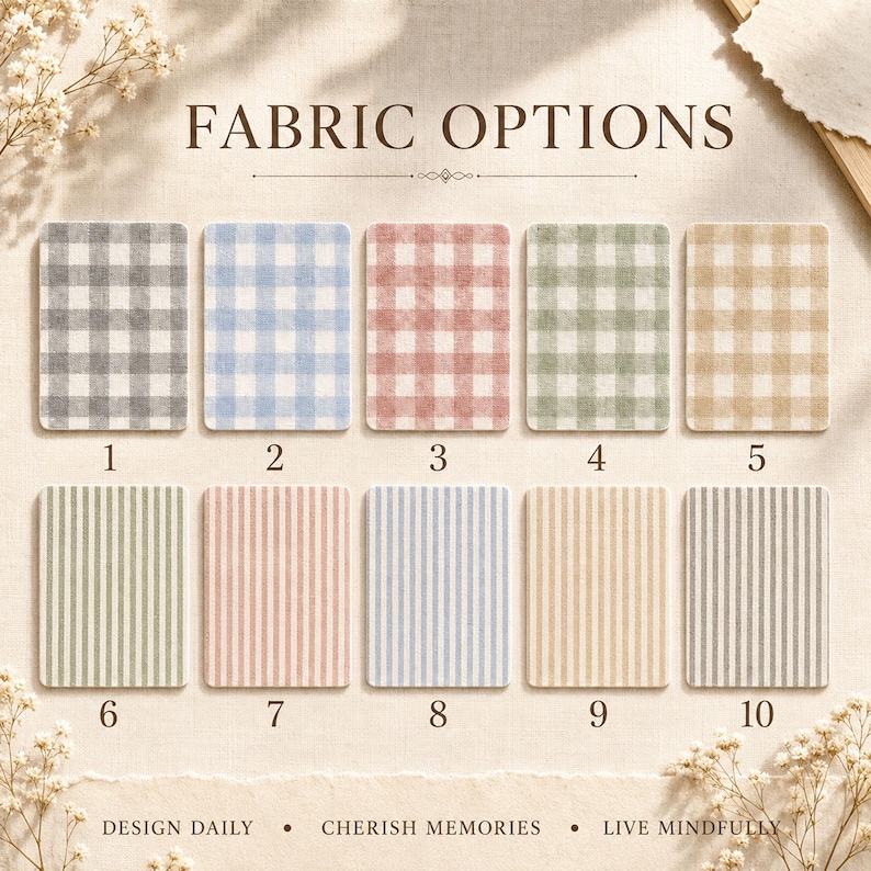 May include: A fabric options chart featuring ten rectangular swatches labeled 1 through 10. The top row displays five gingham patterns in gray, blue, red, green, and tan. The bottom row shows five striped patterns in green, pink, blue, tan, and gray.