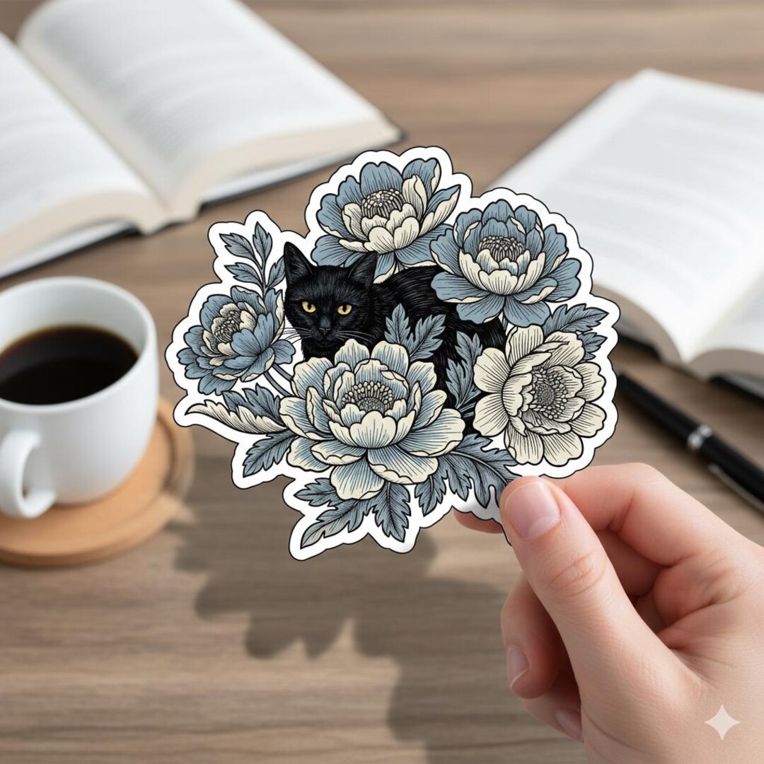 Black Cat Floral Sticker, Boho Flower Cat Sticker, Vinyl Waterproof ...