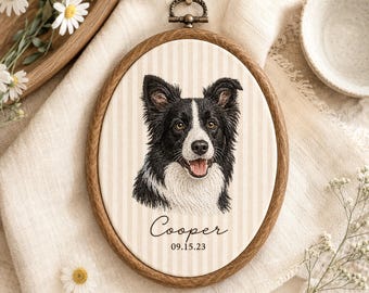 Personalized Pet Portrait Embroidery Hoop, Custom Dog or Cat Memorial Gift, Pet Name & Date, Embroidered Wall Art