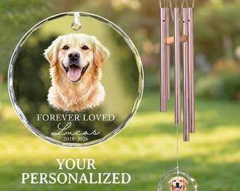 Personalized Pet Memorial Wind Chime with Crystal Glass Charm, Custom Dog Photo Wind Chimes, Sympathy Gift for Dog Loss,Pet Remembrance Gift