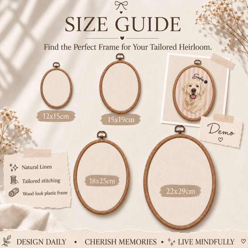 May include: A size guide for oval embroidery hoops featuring four wood-look plastic frames in sizes 12x15cm, 15x19cm, 18x25cm, and 22x29cm. Includes a demo frame with a golden retriever illustration and the name Sadie, plus text labels for natural linen and tailored stitching.
