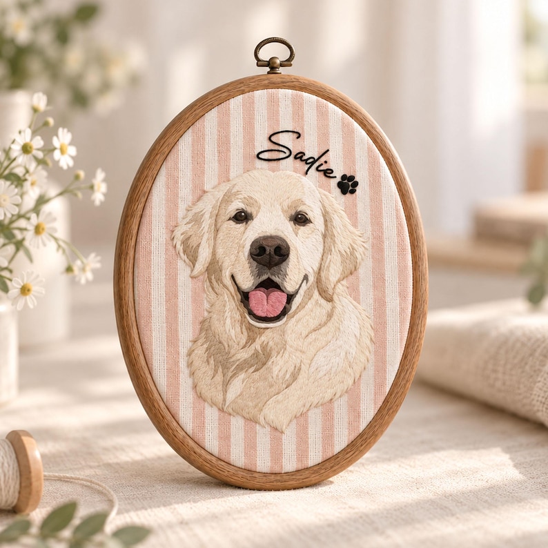 May include: An oval wooden embroidery hoop containing fabric with vertical light pink and white stripes. The fabric features an embroidered golden retriever dog with its tongue out, the name Sadie, and a small black paw print icon.