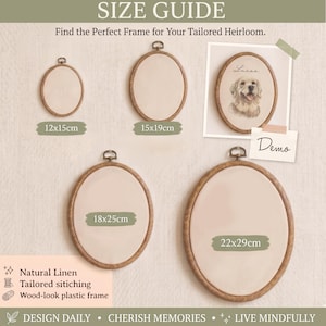 May include: A size guide for oval embroidery hoops featuring four wood-look plastic frames with natural linen fabric. Sizes include 12x15cm, 15x19cm, 18x25cm, and 22x29cm. One frame displays a custom illustration of a dog named Lucas with the text Demo.