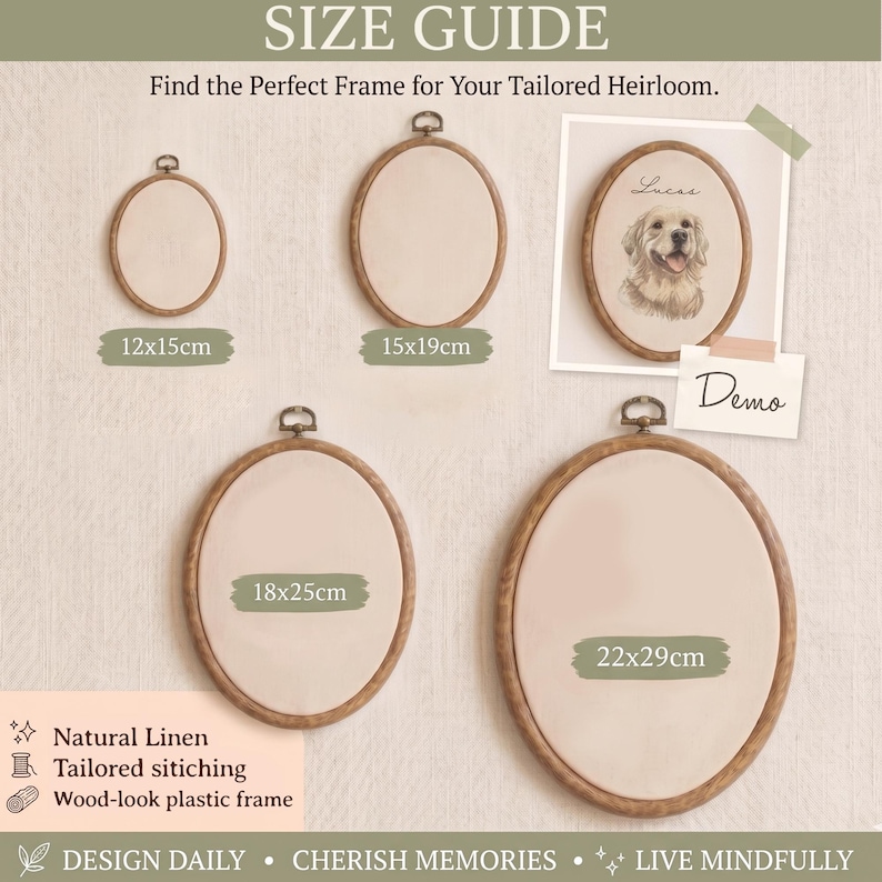 May include: A size guide for oval embroidery hoops featuring four wood-look plastic frames with natural linen fabric. Sizes include 12x15cm, 15x19cm, 18x25cm, and 22x29cm. One frame displays a custom illustration of a dog named Lucas with the text Demo.