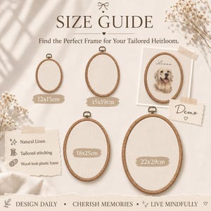 May include: A size guide for oval embroidery hoops featuring wood-look plastic frames and natural linen fabric. Sizes include 12x15cm, 15x19cm, 18x25cm, and 22x29cm. One frame displays a custom dog portrait with the name Lucas. Text includes SIZE GUIDE.