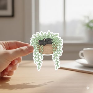 May include: A sticker featuring a black cat sleeping in a hanging basket of green plants. The basket is a light brown color, and the leaves of the plants are a vibrant green. The cat is curled up, appearing relaxed.