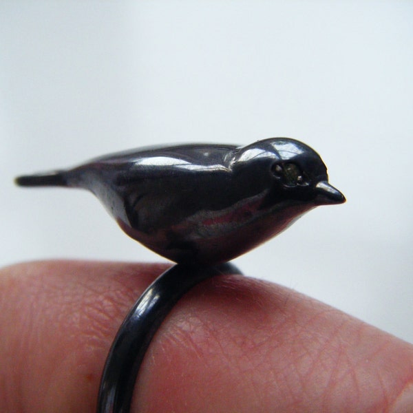 Oxidised Silver Bird Ring with Green Sapphire Eyes