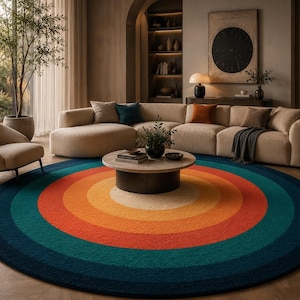 Modern Round Rug Colorful Geometric Hand Tufted Wool Carpet Mid Century Retro Navy Blue Orange Teal Large Area Rug Custom Size 6x6 8x8 10x10