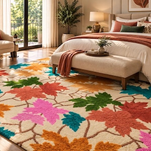 Wool Area Rug Boho Mid Century Floral Handmade Tufted Carpet Large Orange Teal Fuchsia Leaves Soft Thick Rug for Living Bedroom 8x10 9x12 ,
