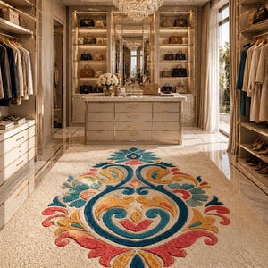 Large Wool Area Rug Hand Tufted Colorful Medallion Carpet Plush Cream Ivory Statement Rug Non Slip Luxury Living Room Custom Size 8x10 9x12